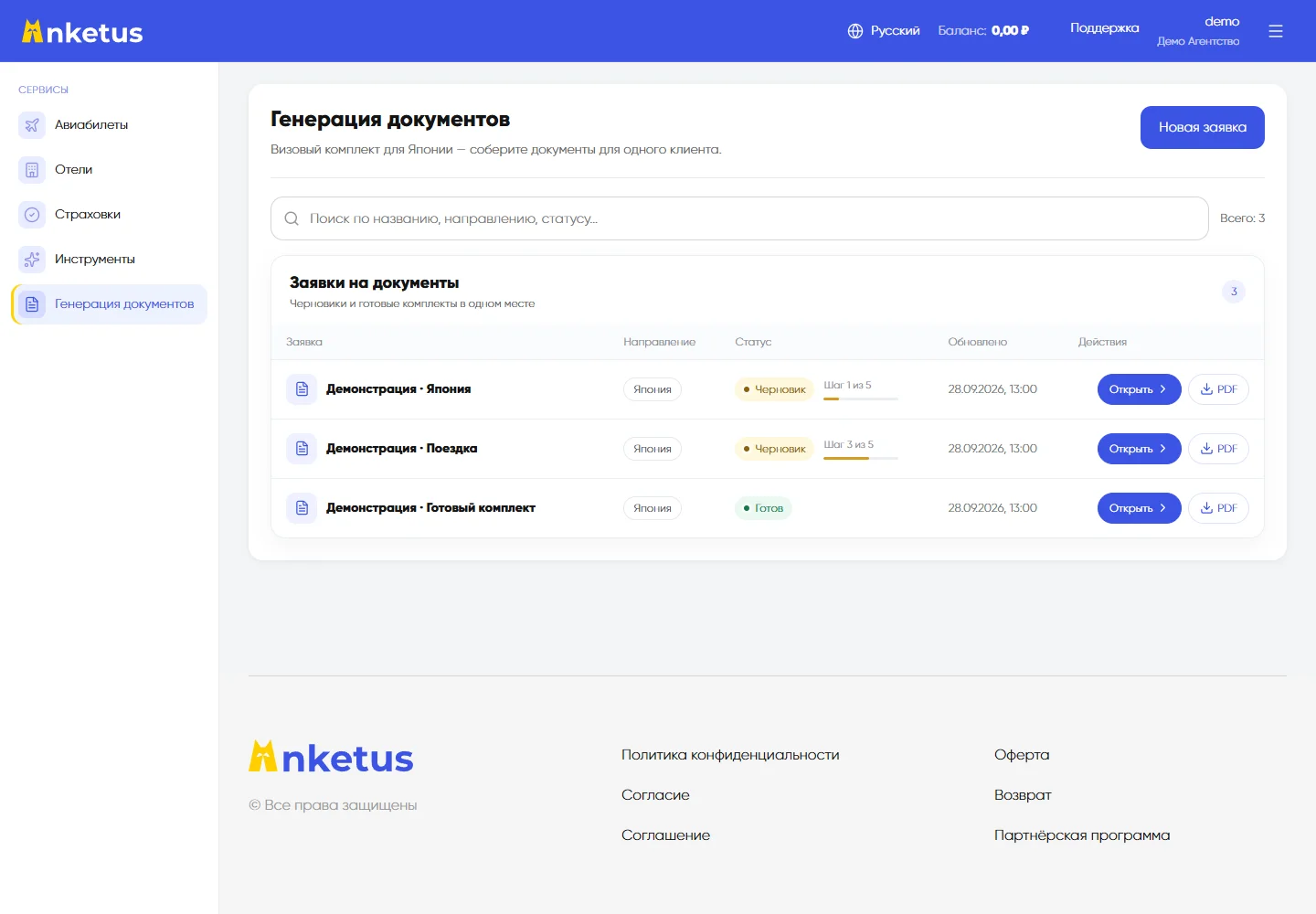 Кабинет Anketus: список вымышленных заявок на визовые документы