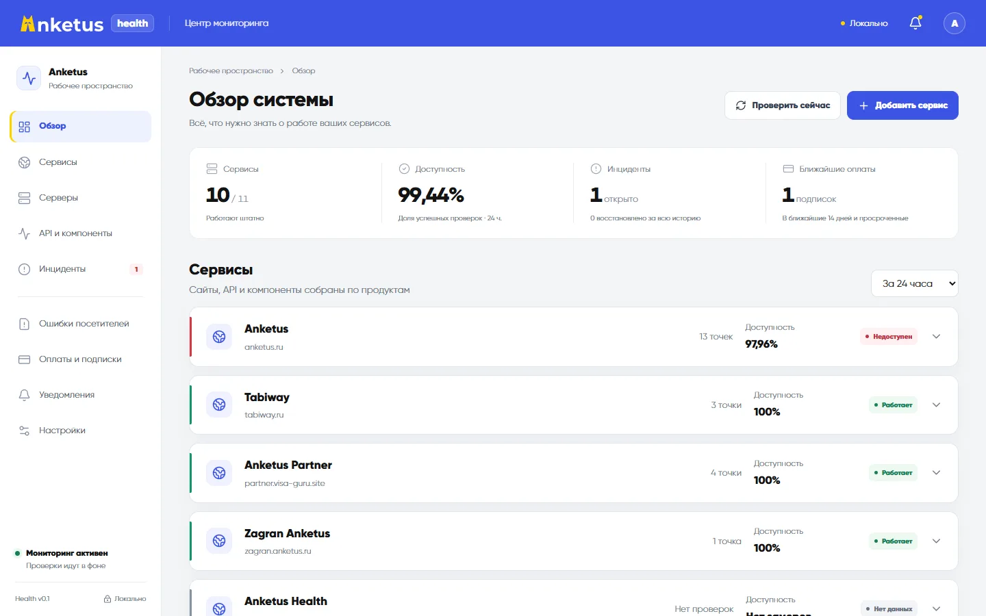 Обзор Anketus Health на компьютере, демонстрационные показатели и статусы