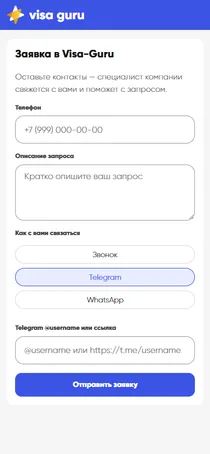 Мобильная форма заявки клиента Visa Guru