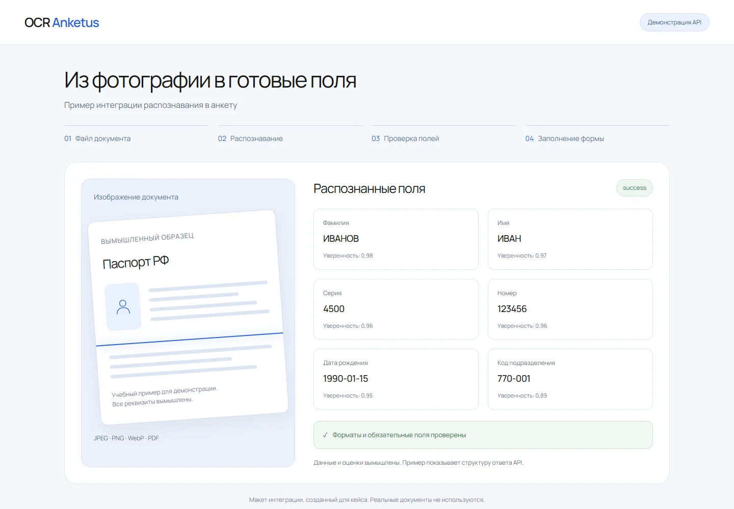 Демонстрация заполнения анкеты по ответу OCR Anketus. Данные и оценки вымышлены